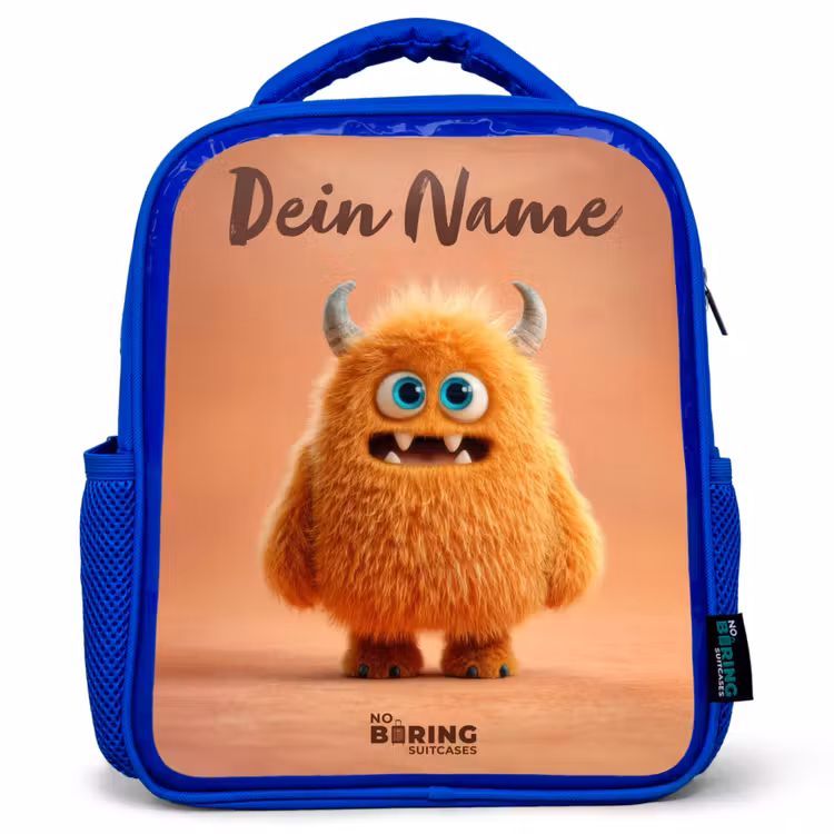 Oranje Pluizig Monster met Hoorns Kinderrugzak - Blauw middel -3d