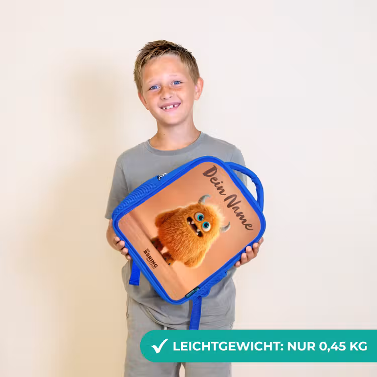 Oranje Pluizig Monster met Hoorns Kinderrugzak - Blauw middel -sfeer1_DE