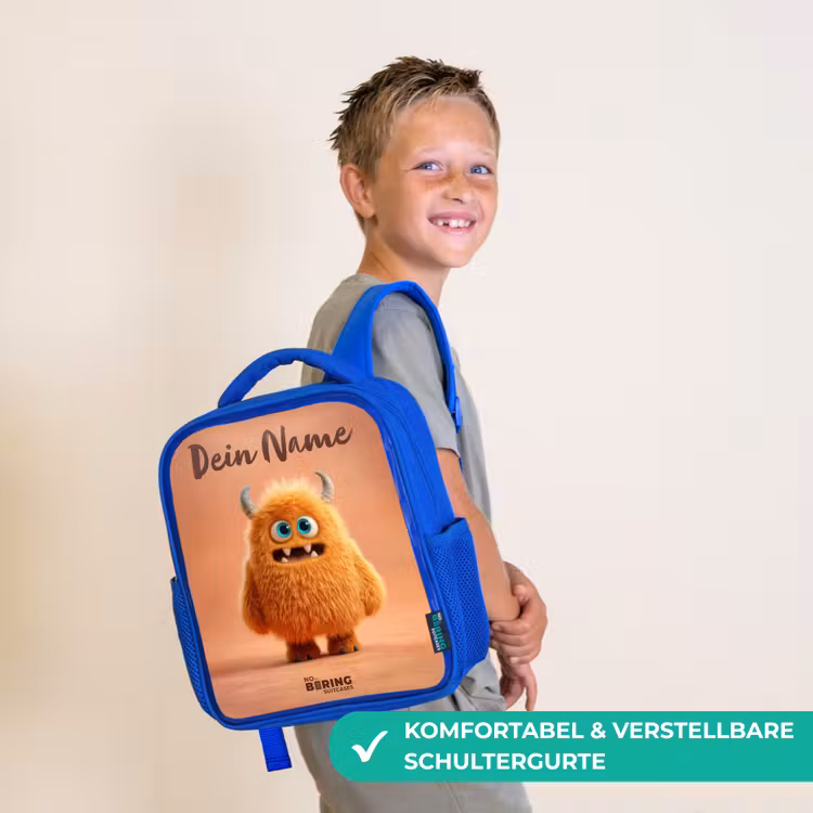 Oranje Pluizig Monster met Hoorns Kinderrugzak - Blauw middel -sfeer3_DE