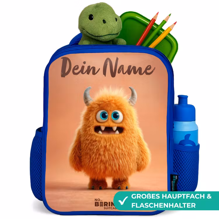 Oranje Pluizig Monster met Hoorns Kinderrugzak - Blauw middel -inhoud_DE