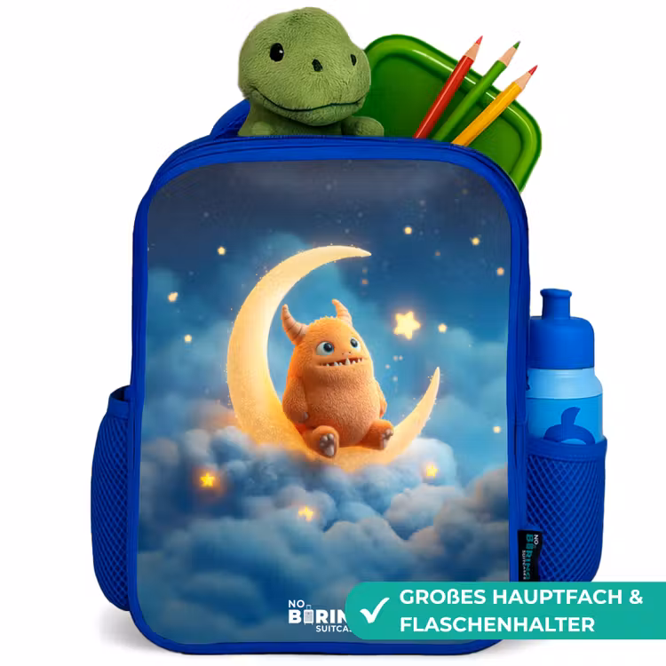 Oranje monster op maansikkel Kinderrugzak - Blauw middel -inhoud_DE