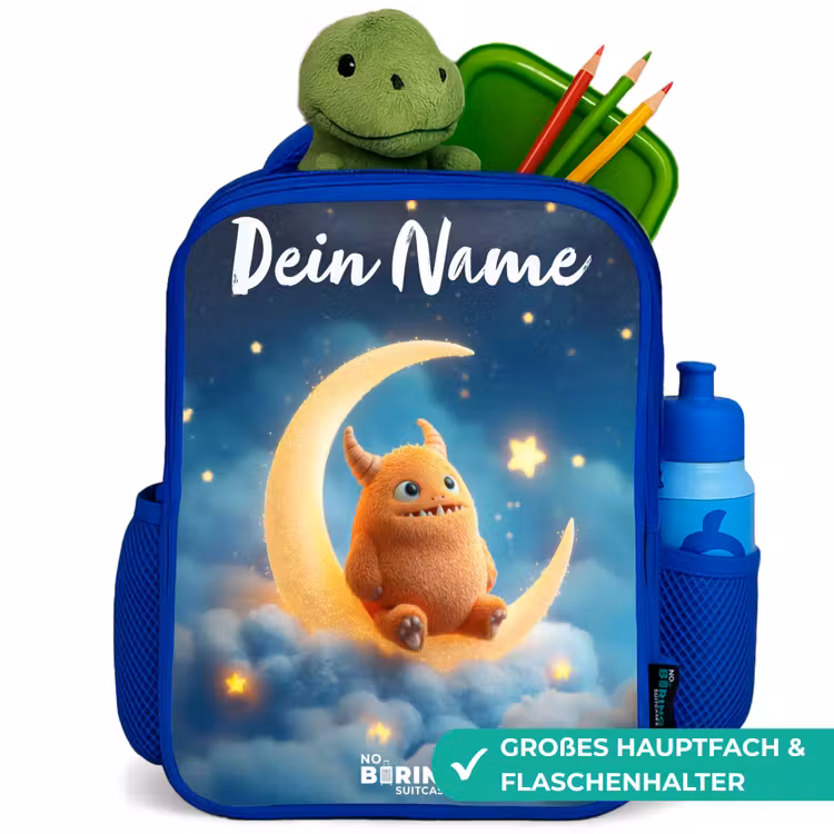 Oranje monster op maansikkel Kinderrugzak - Blauw middel -inhoud_DE