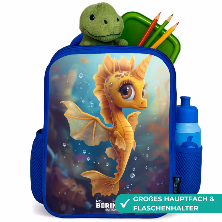 Oranje zeepaardje in het water Kinderrugzak - Blauw middel -inhoud_DE