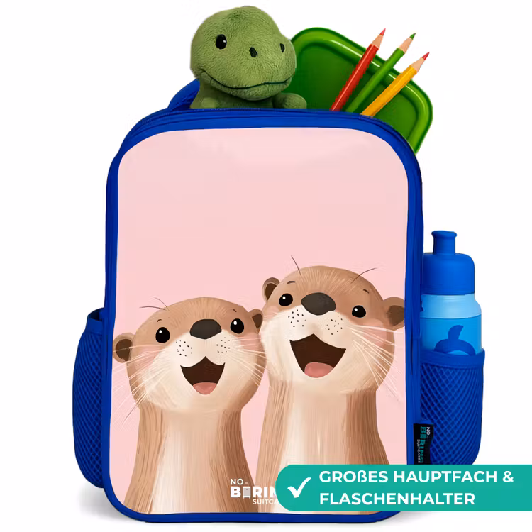 Otters - Lachen - Roze - Illustratie Kinderrugzak - Blauw middel -inhoud_DE