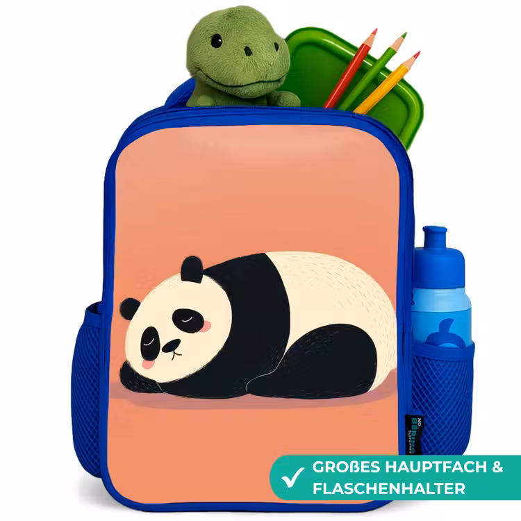 Panda - Slaap - Oranje Kinderrugzak - Blauw middel -inhoud_DE