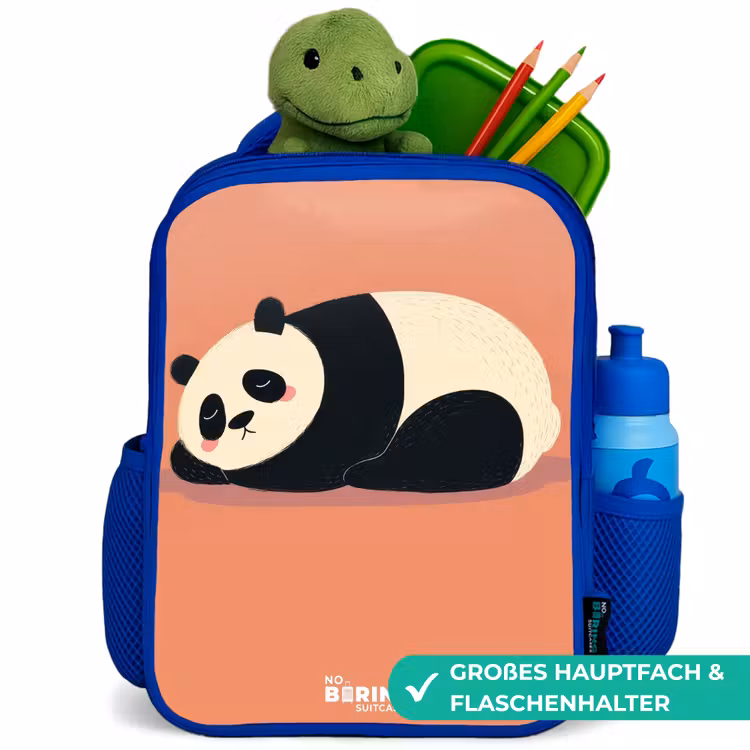 Panda - Slapen - Oranje Kinderrugzak - Blauw middel -inhoud_DE