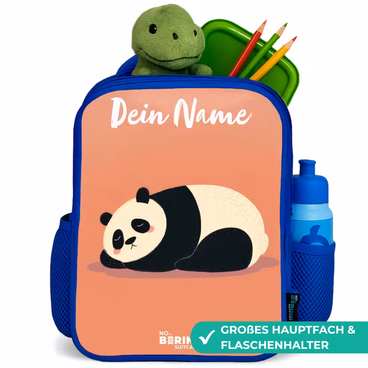 Panda - Slapen - Oranje Kinderrugzak - Blauw middel -inhoud_DE
