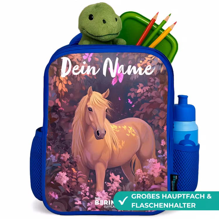 Paard - Bloemen - Paars - Vlinder Kinderrugzak - Blauw middel -inhoud_DE