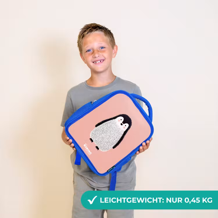 Pinguïn - Stippen - Roze - Minimalistisch Kinderrugzak - Blauw middel -sfeer1_DE