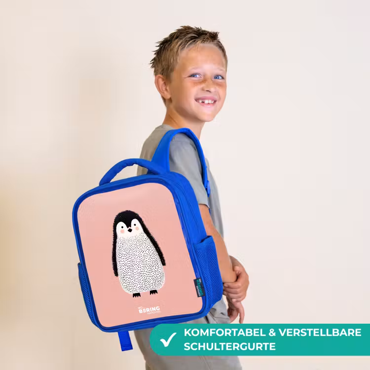 Pinguïn - Stippen - Roze - Minimalistisch Kinderrugzak - Blauw middel -sfeer3_DE