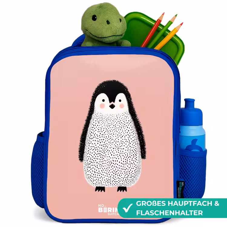 Pinguïn - Stippen - Roze - Minimalistisch Kinderrugzak - Blauw middel -inhoud_DE