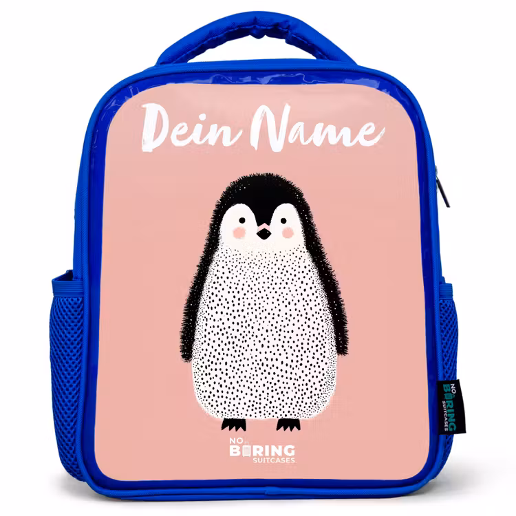 Pinguïn - Stippen - Roze - Minimalistisch Kinderrugzak - Blauw middel -3d
