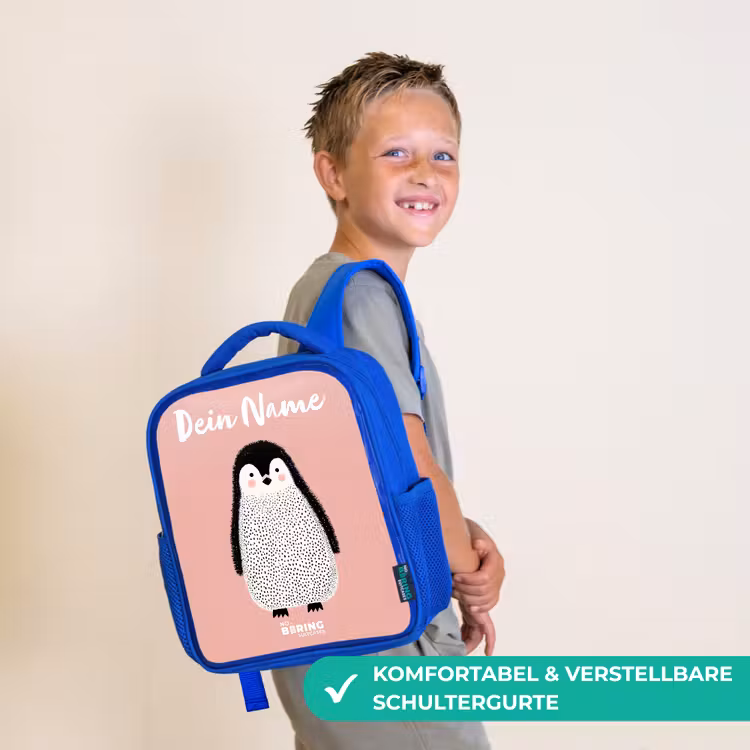 Pinguïn - Stippen - Roze - Minimalistisch Kinderrugzak - Blauw middel -sfeer3_DE