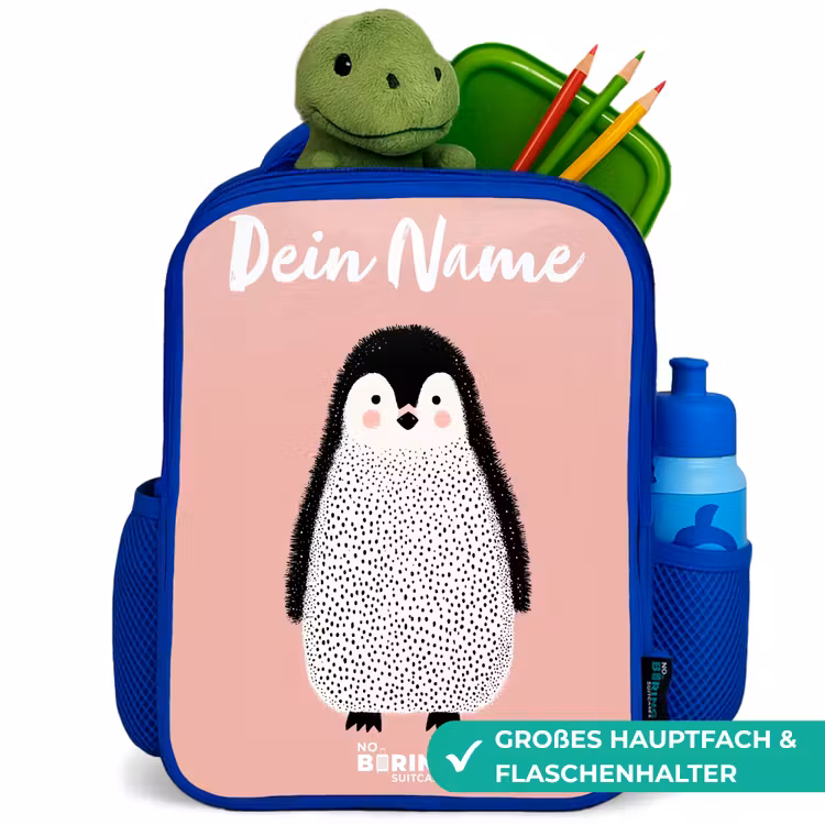 Pinguïn - Stippen - Roze - Minimalistisch Kinderrugzak - Blauw middel -inhoud_DE