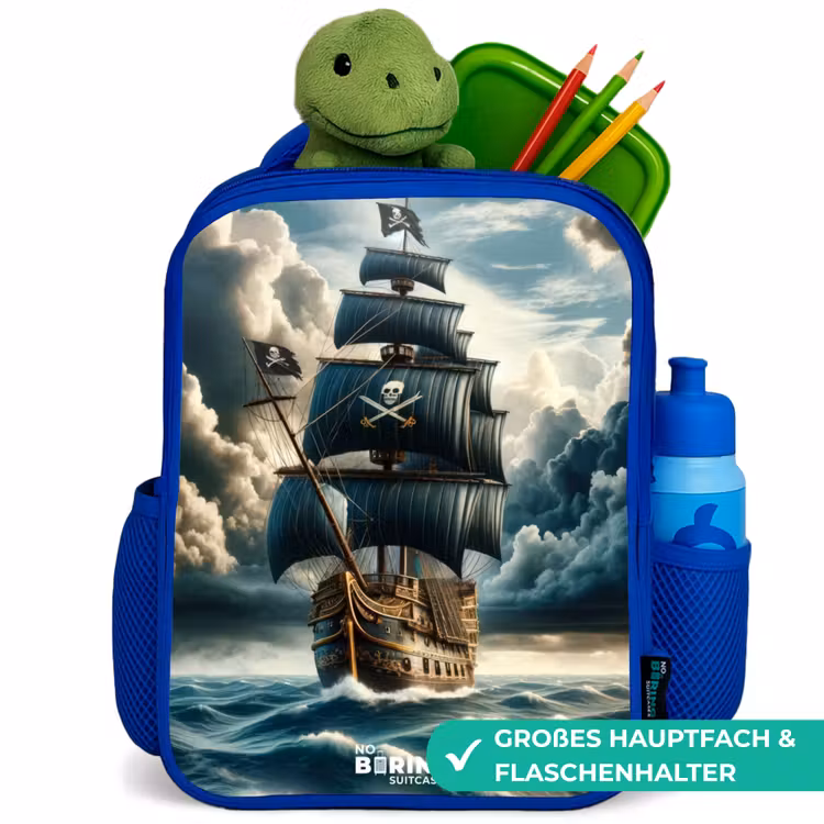 Piratenschip op een woeste zee Kinderrugzak - Blauw middel -inhoud_DE
