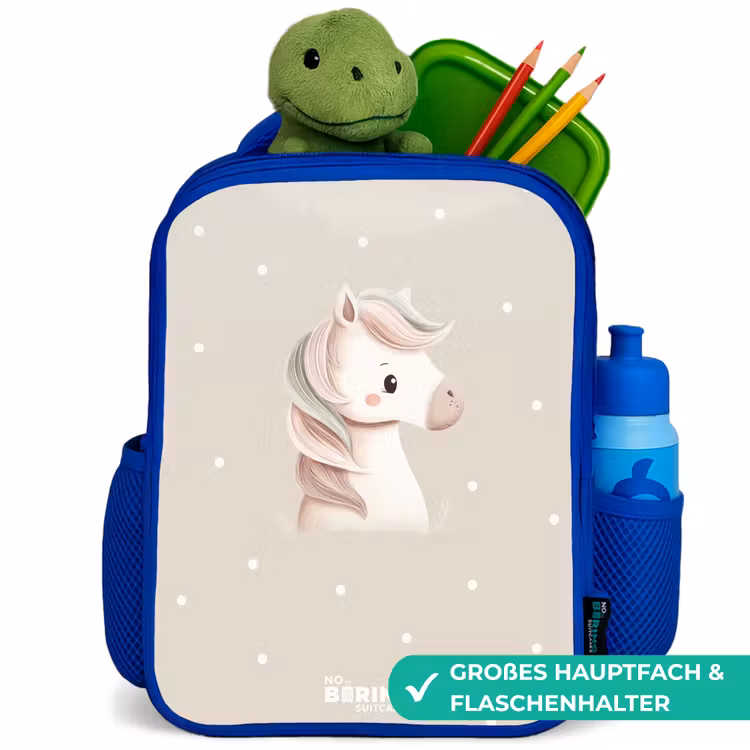 Pony omringd door stippen in beige kleuren Kinderrugzak - Blauw middel -inhoud_DE