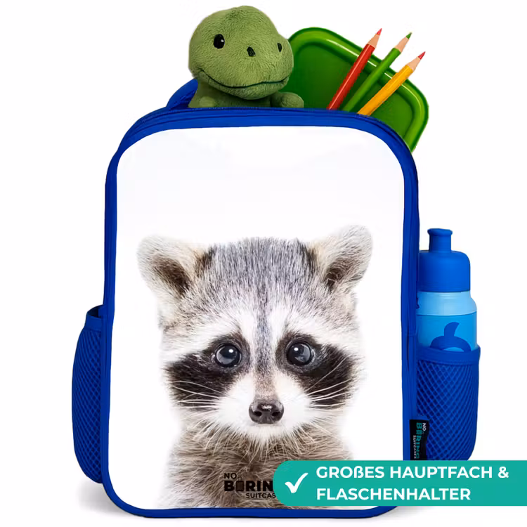 Rachid Racoon Kinderrugzak - Blauw middel -inhoud_DE
