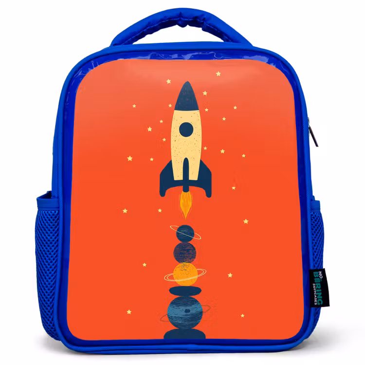 Raket - Planeten - Rood Kinderrugzak - Blauw middel -3d