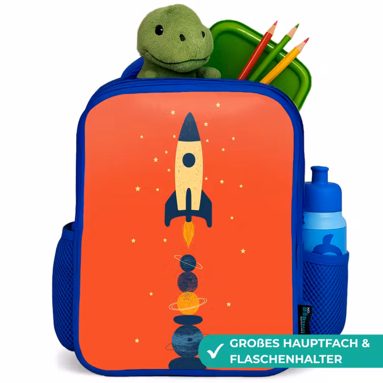 Raket - Planeten - Rood Kinderrugzak - Blauw middel -inhoud_DE