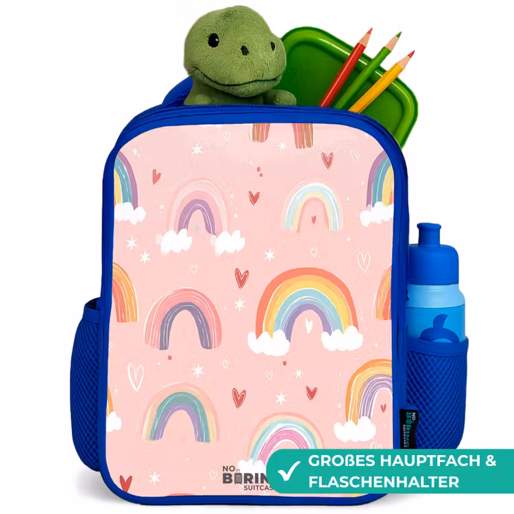 Regenbogen op een roze achtergrond Kinderrugzak - Blauw middel -inhoud_DE