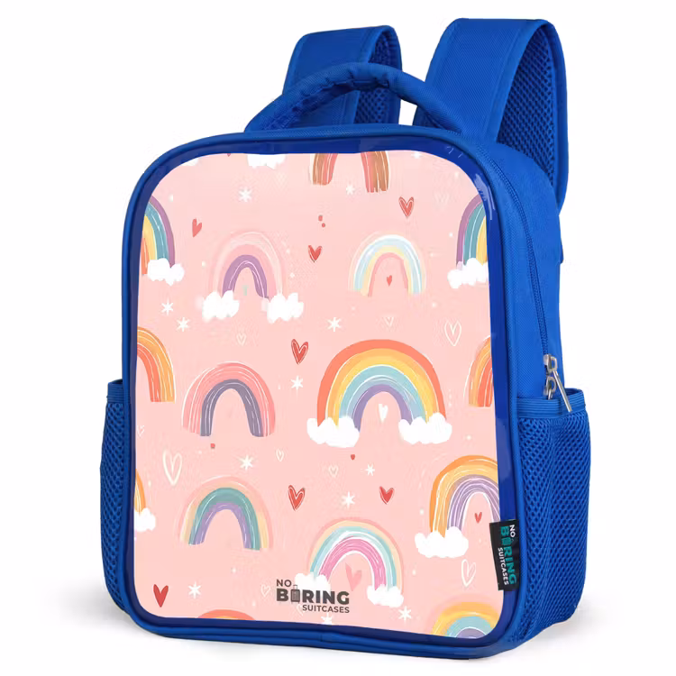 Regenbogen op een roze achtergrond Kinderrugzak - Blauw middel -schuin