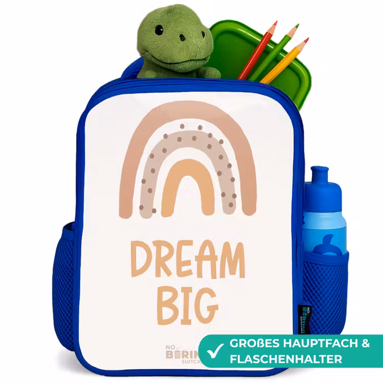 Regenboog met de quote 'Dream Big' Kinderrugzak - Blauw middel -inhoud_DE