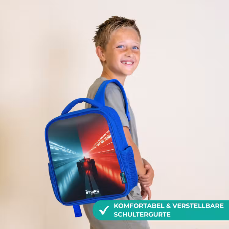 Baan - Raceauto - Neon - Rood Kinderrugzak - Blauw middel -sfeer3_DE