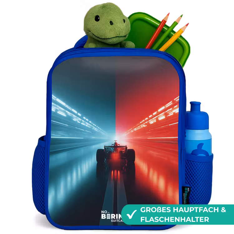 Baan - Raceauto - Neon - Rood Kinderrugzak - Blauw middel -inhoud_DE