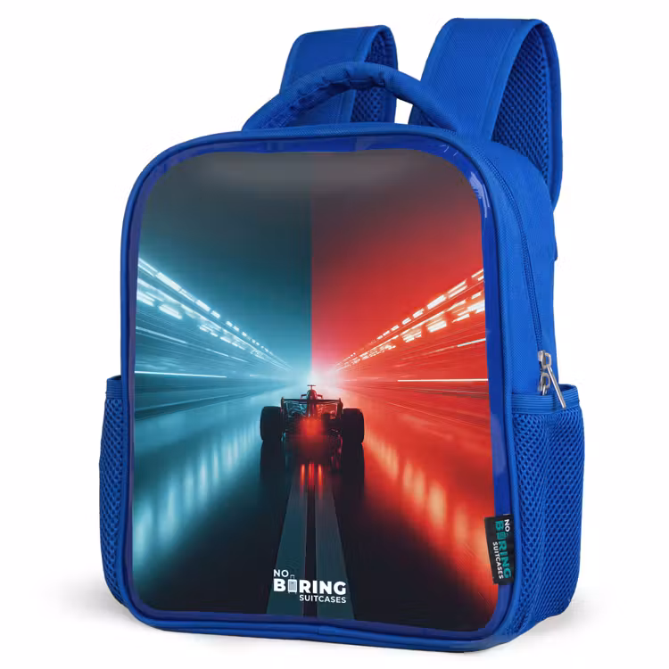 Baan - Raceauto - Neon - Rood Kinderrugzak - Blauw middel -schuin