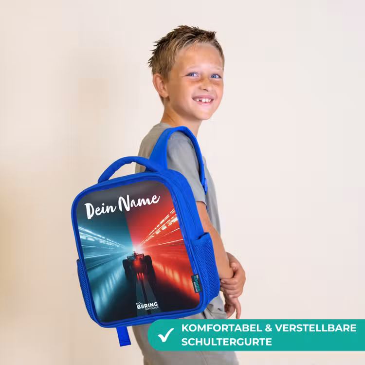 Raceauto - Verlichting - Neon - Rood Kinderrugzak - Blauw middel -sfeer3_DE