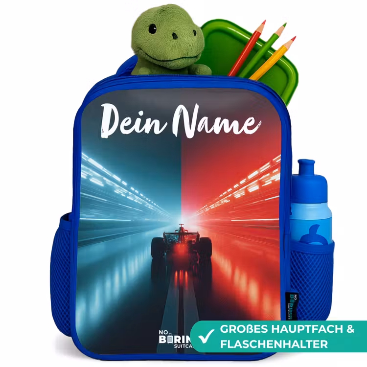 Raceauto - Verlichting - Neon - Rood Kinderrugzak - Blauw middel -inhoud_DE