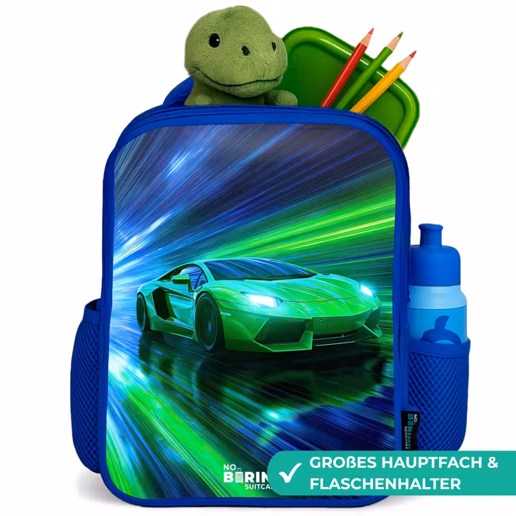 Raceauto - Felgroen - Lichtstralen - Snelheid Kinderrugzak - Blauw middel -inhoud_DE