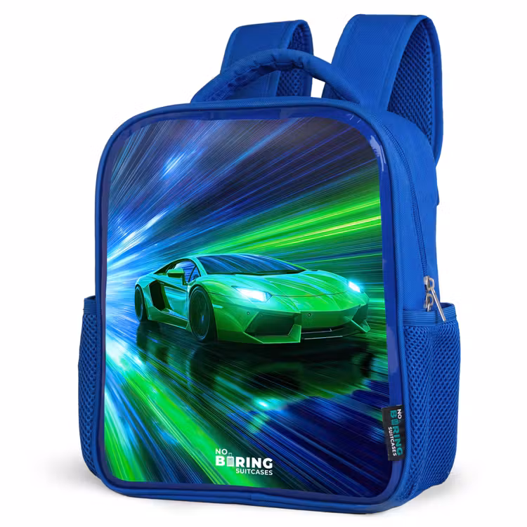 Raceauto - Felgroen - Lichtstralen - Snelheid Kinderrugzak - Blauw middel -schuin