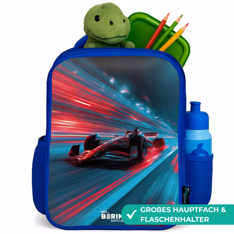 Raceauto - Baan - Neon - Verlichting Kinderrugzak - Blauw middel -inhoud_DE