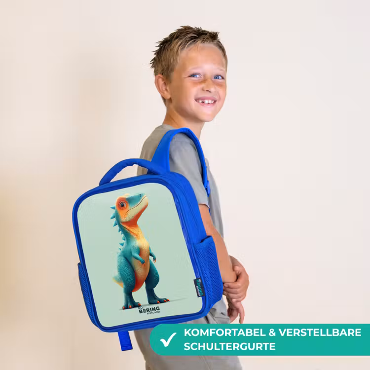 Stoere dino met grote ogen Kinderrugzak - Blauw middel -sfeer3_DE