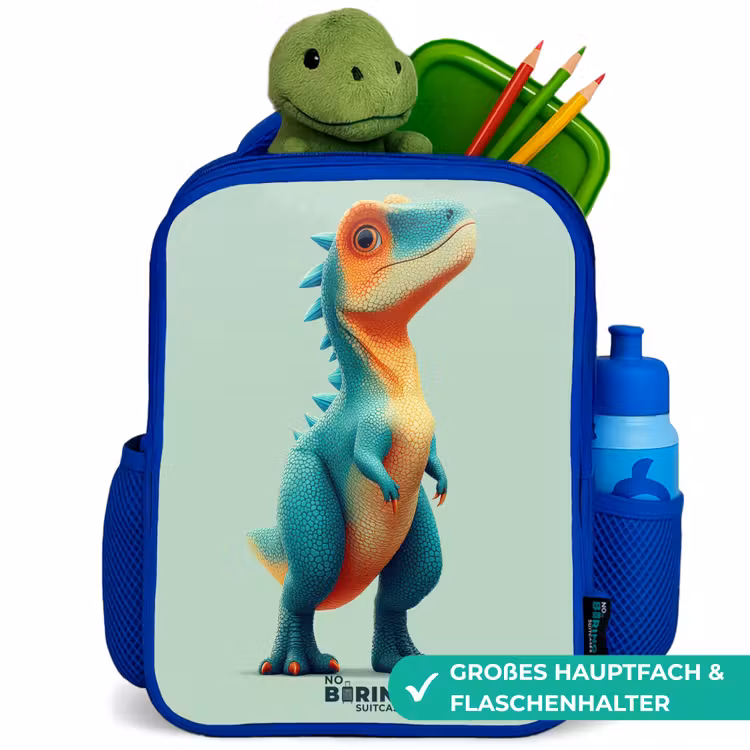 Stoere dino met grote ogen Kinderrugzak - Blauw middel -inhoud_DE