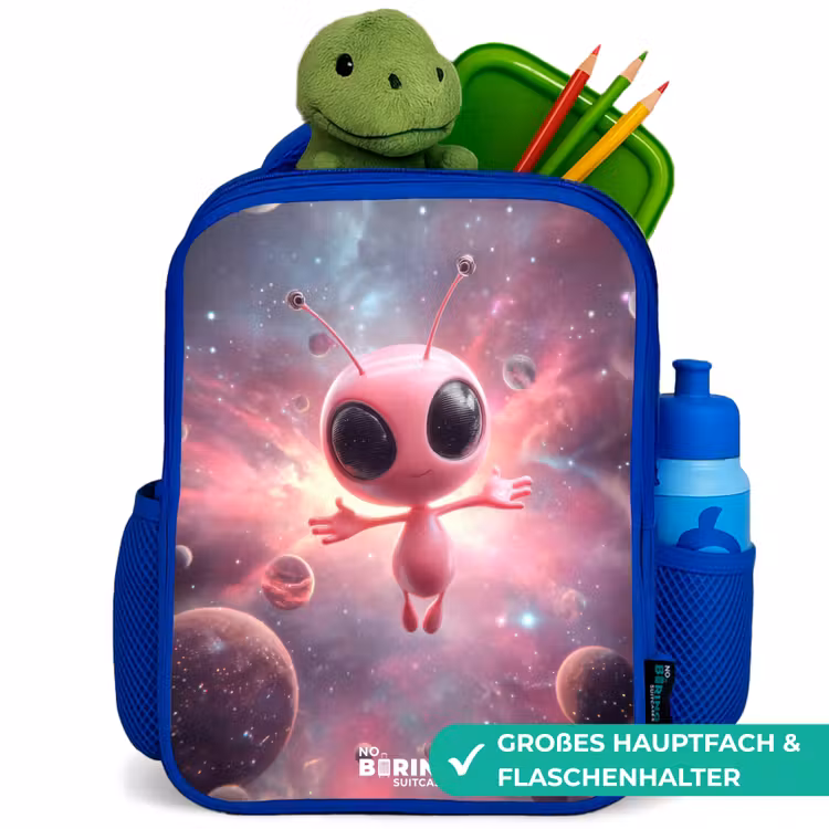 Roze Alien in Sterrennevel Kinderrugzak - Blauw middel -inhoud_DE