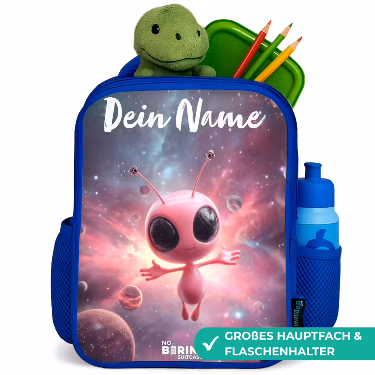 Roze Alien in Sterrennevel Kinderrugzak - Blauw middel -inhoud_DE