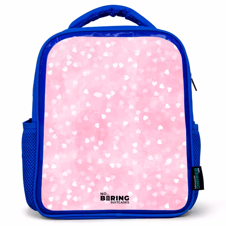 Roze glitter hartjes Kinderrugzak - Blauw middel -3d