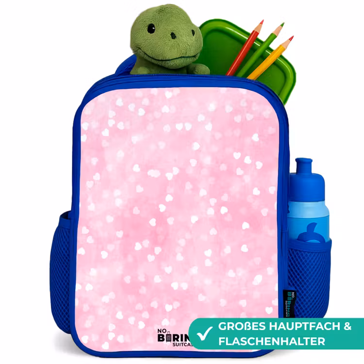 Roze glitter hartjes Kinderrugzak - Blauw middel -inhoud_DE