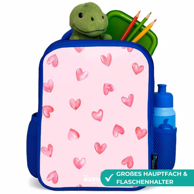 Roze hartjes Kinderrugzak - Blauw middel -inhoud_DE