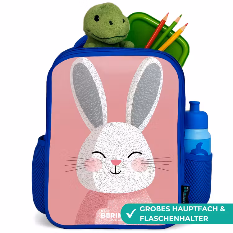 Roze - Konijn - Glimlach - Illustratie Kinderrugzak - Blauw middel -inhoud_DE