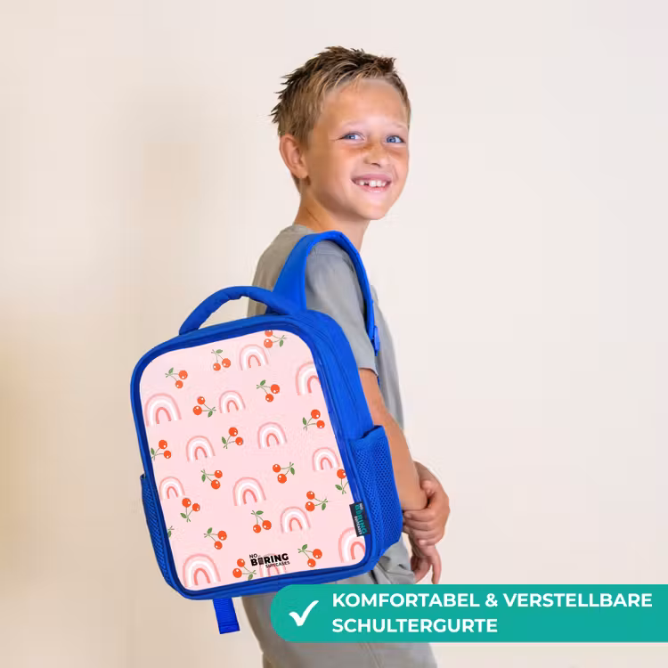Roze met regenboog en kersen patroon Kinderrugzak - Blauw middel -sfeer3_DE