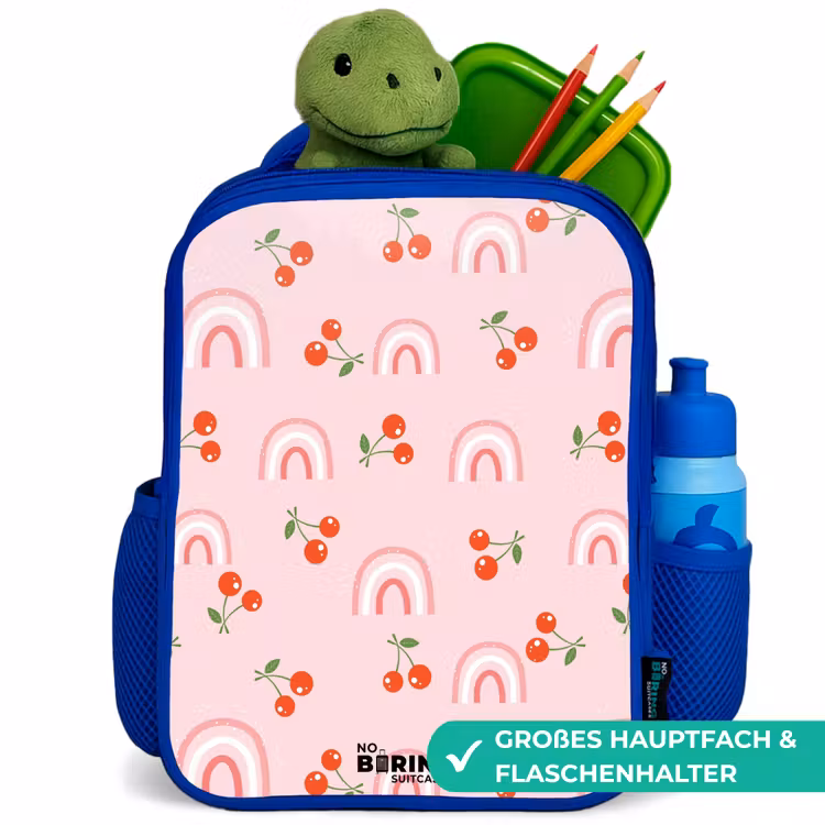 Roze met regenboog en kersen patroon Kinderrugzak - Blauw middel -inhoud_DE