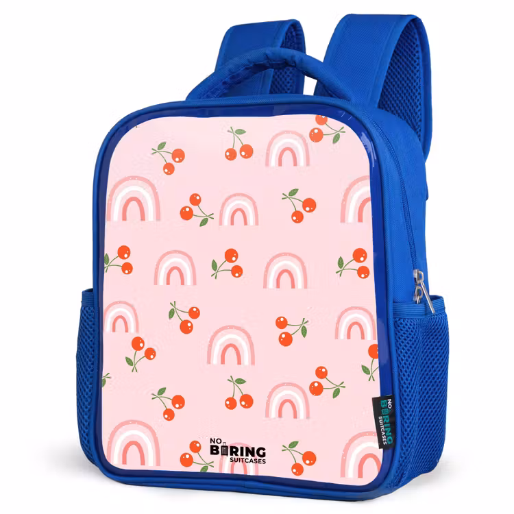 Roze met regenboog en kersen patroon Kinderrugzak - Blauw middel -schuin