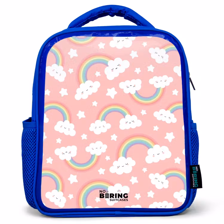 Roze met regenboog patroon Kinderrugzak - Blauw middel -3d