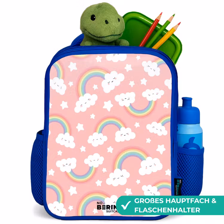 Roze met regenboog patroon Kinderrugzak - Blauw middel -inhoud_DE