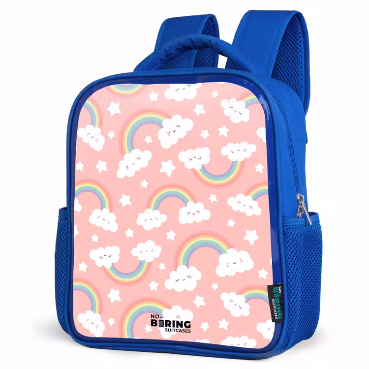 Roze met regenboog patroon Kinderrugzak - Blauw middel -schuin