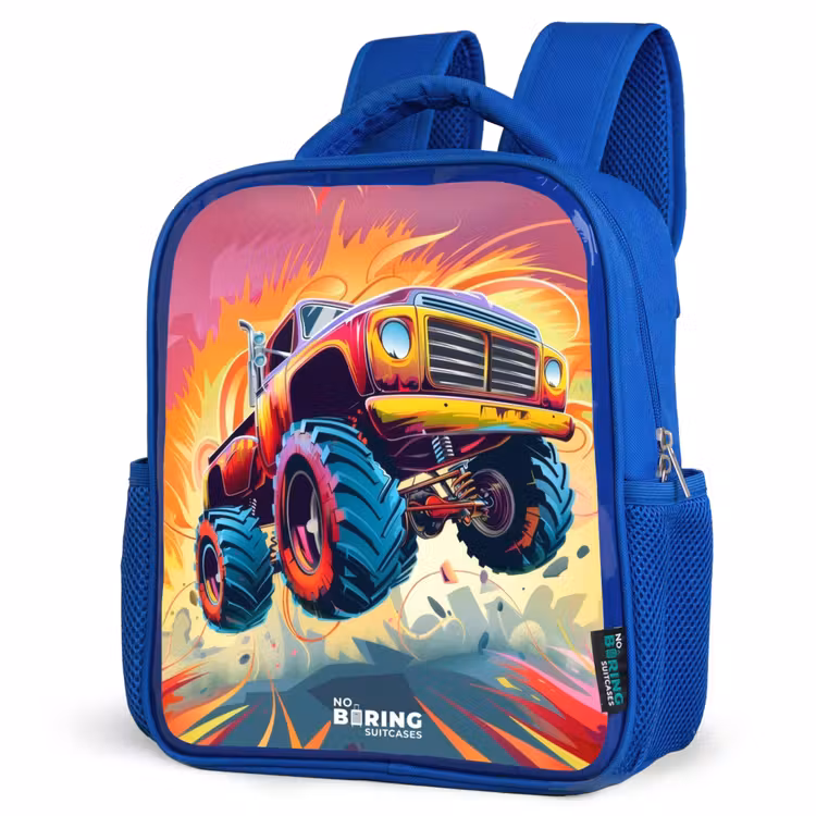 Roze Monstertruck Vliegt over het Asfalt Kinderrugzak - Blauw middel -schuin
