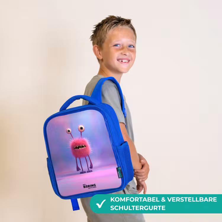 Roze harig monster met grote ogen Kinderrugzak - Blauw middel -sfeer3_DE